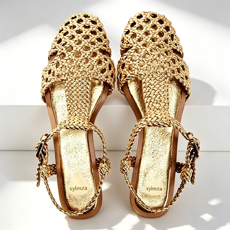 Golden Mesh Woven Flat Sandals - Mesh Strap Metal recension och pris