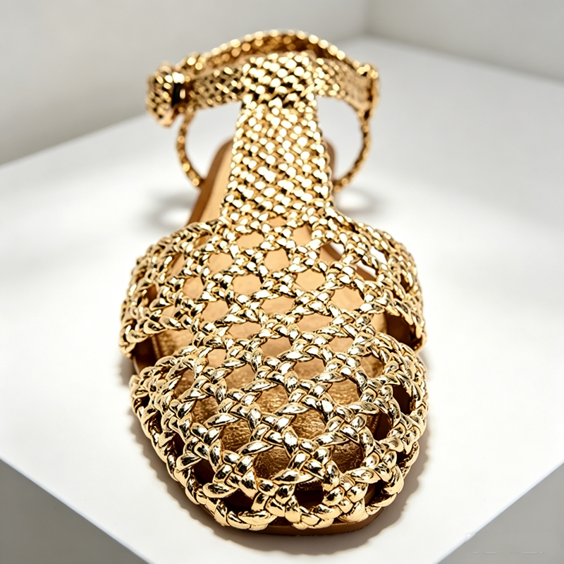 Golden Mesh Woven Flat Sandals - Mesh Strap Metal recension och pris